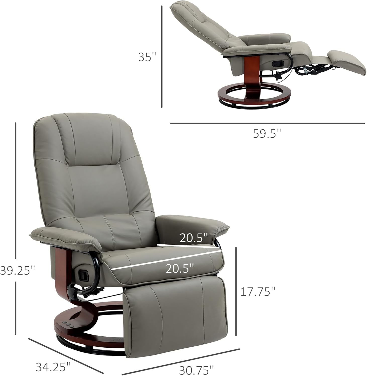 Swivel recliner. PU leather recliner featuring a retractable footrest.