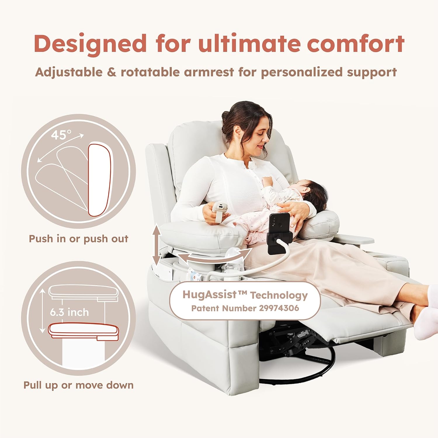 Electric Parenting Recliner/Rocker—A three-motor electric recliner featuring HugAssist armrests.