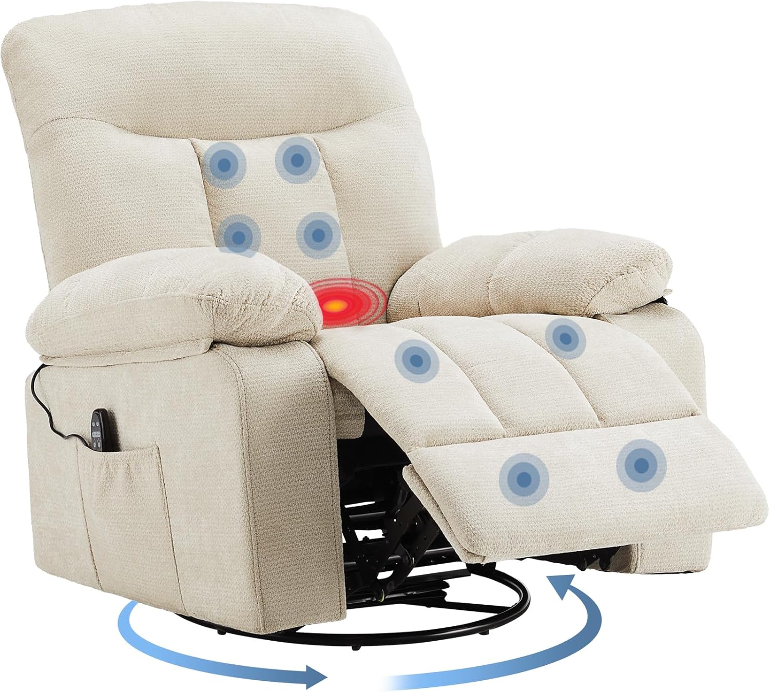 Rocking Recliner—A swivel recliner featuring vibration massage and lumbar heating.