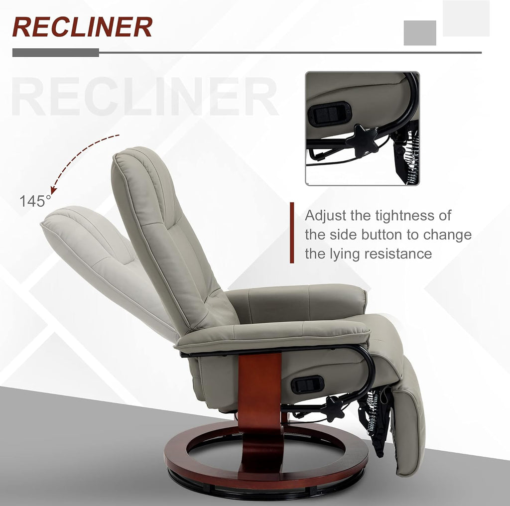 Swivel recliner. PU leather recliner featuring a retractable footrest.