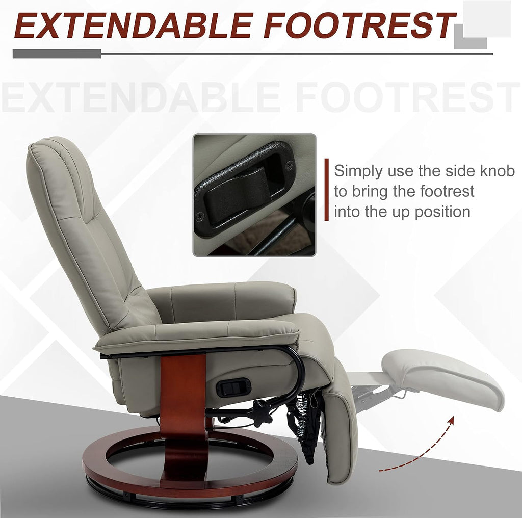 Swivel recliner. PU leather recliner featuring a retractable footrest.