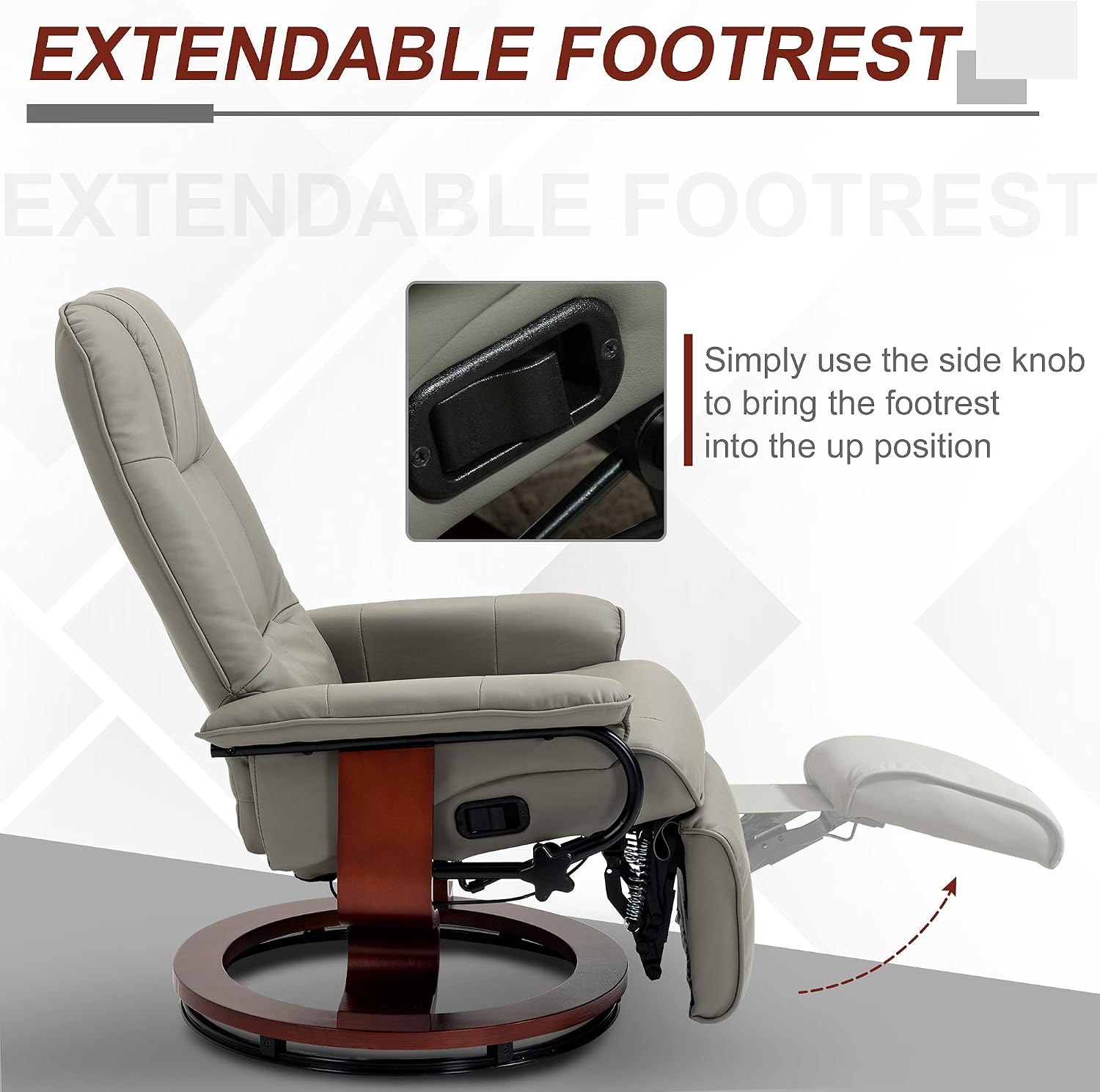 Swivel recliner. PU leather recliner featuring a retractable footrest.
