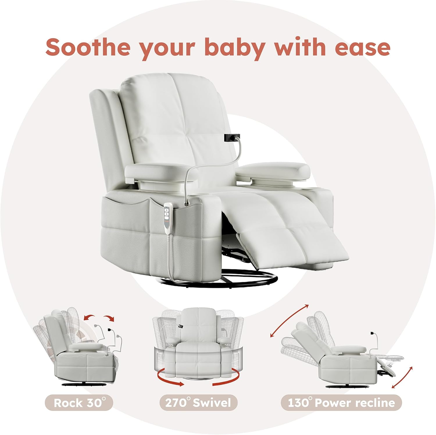 Electric Parenting Recliner/Rocker—A three-motor electric recliner featuring HugAssist armrests.