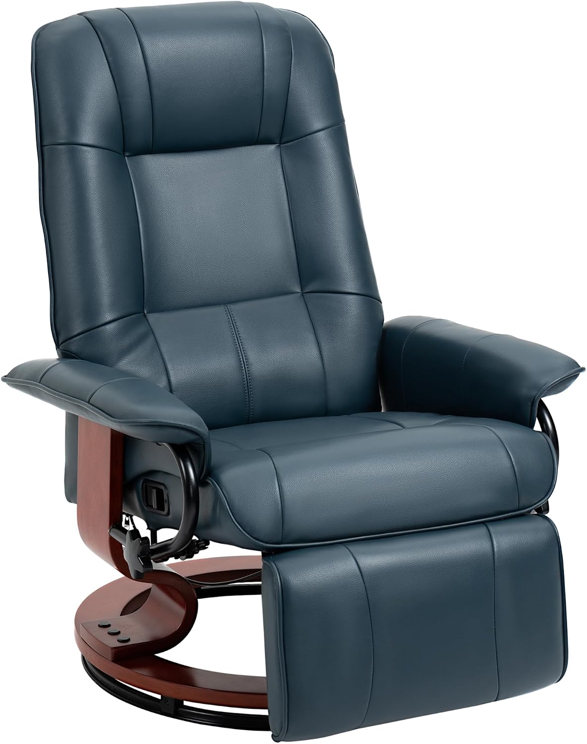 Swivel recliner. PU leather recliner featuring a retractable footrest.