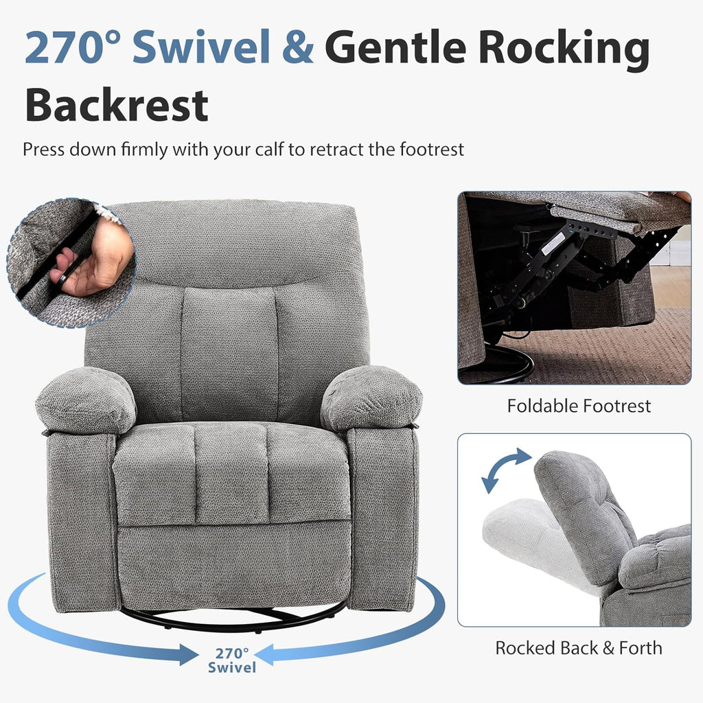 Rocking Recliner—A swivel recliner featuring vibration massage and lumbar heating.