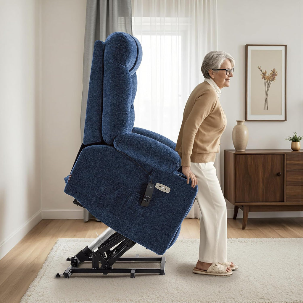 Electric Lift Recliner for Seniors (with Extended Footrest) — (Navy Blue, Large)