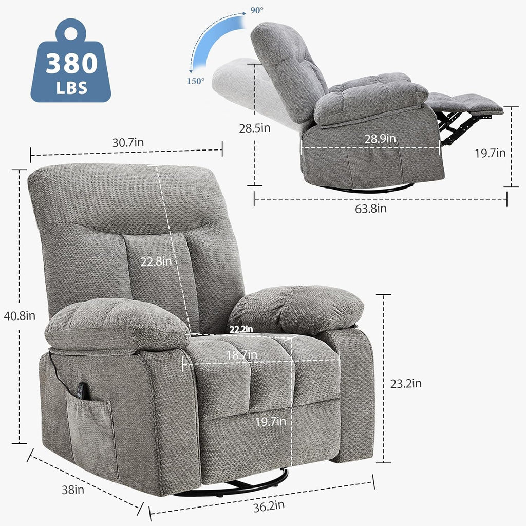 Rocking Recliner—A swivel recliner featuring vibration massage and lumbar heating.
