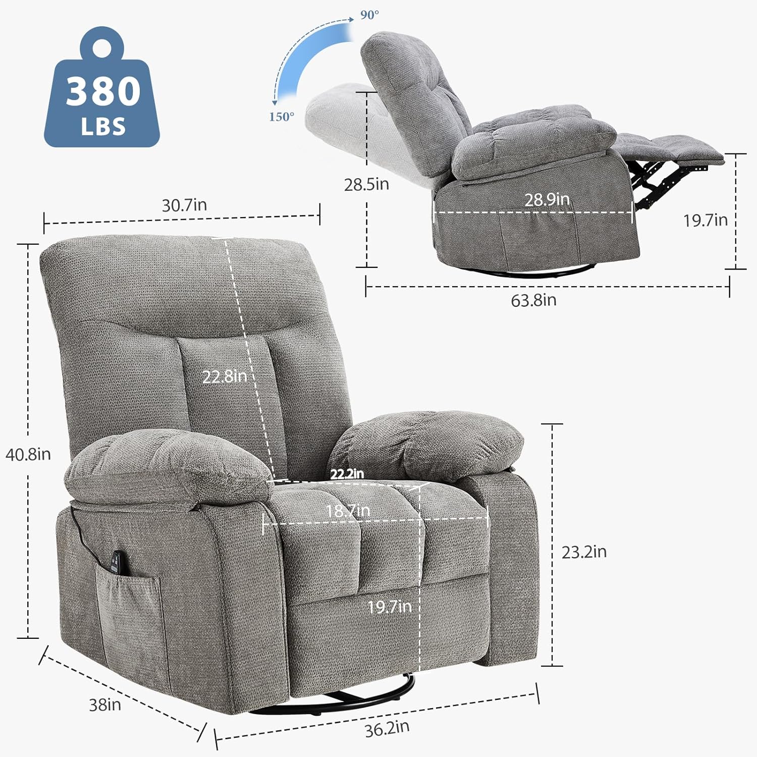 Rocking Recliner—A swivel recliner featuring vibration massage and lumbar heating.