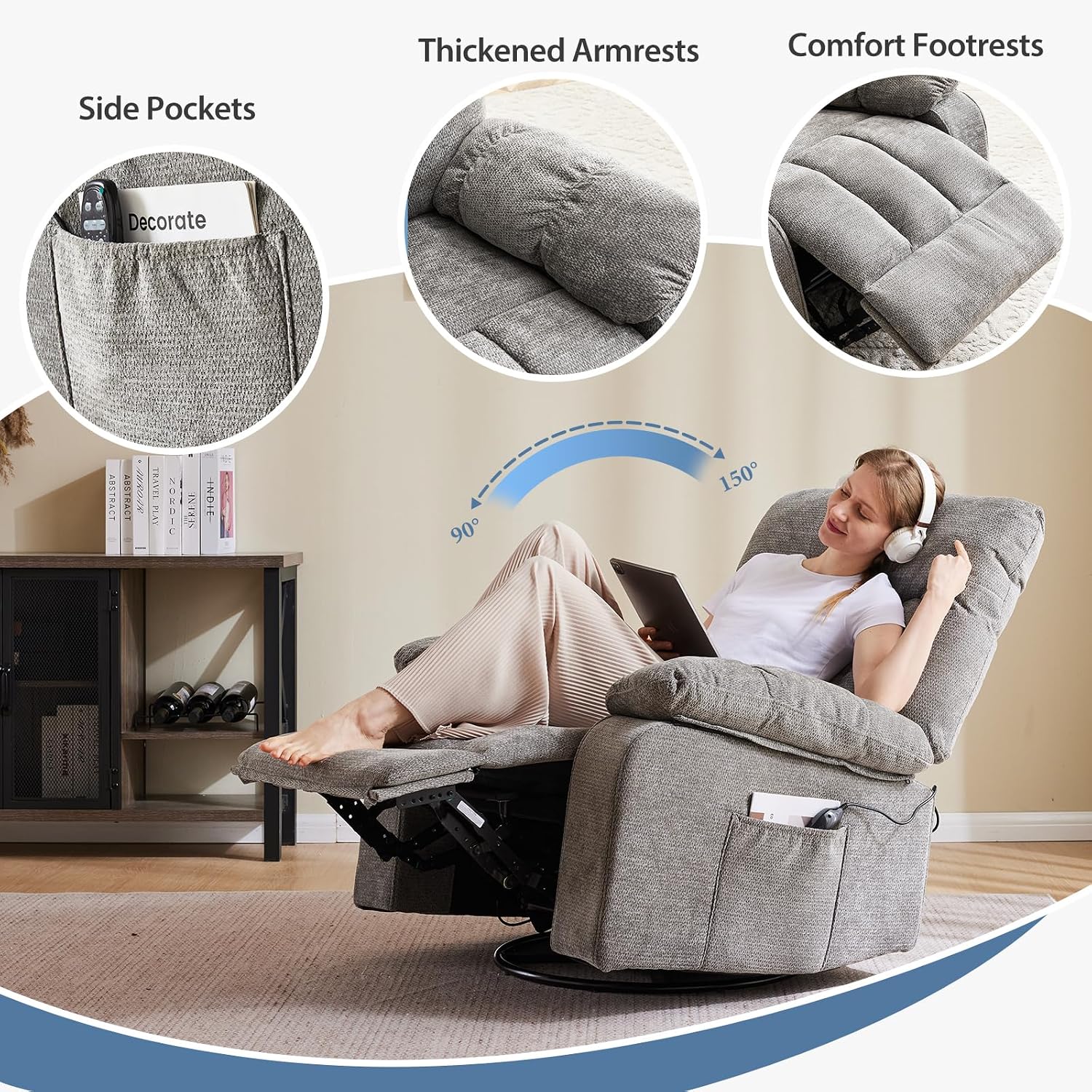 Rocking Recliner—A swivel recliner featuring vibration massage and lumbar heating.