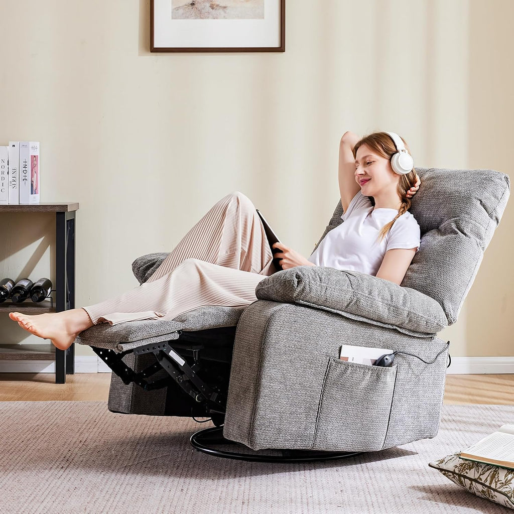 Rocking Recliner—A swivel recliner featuring vibration massage and lumbar heating.