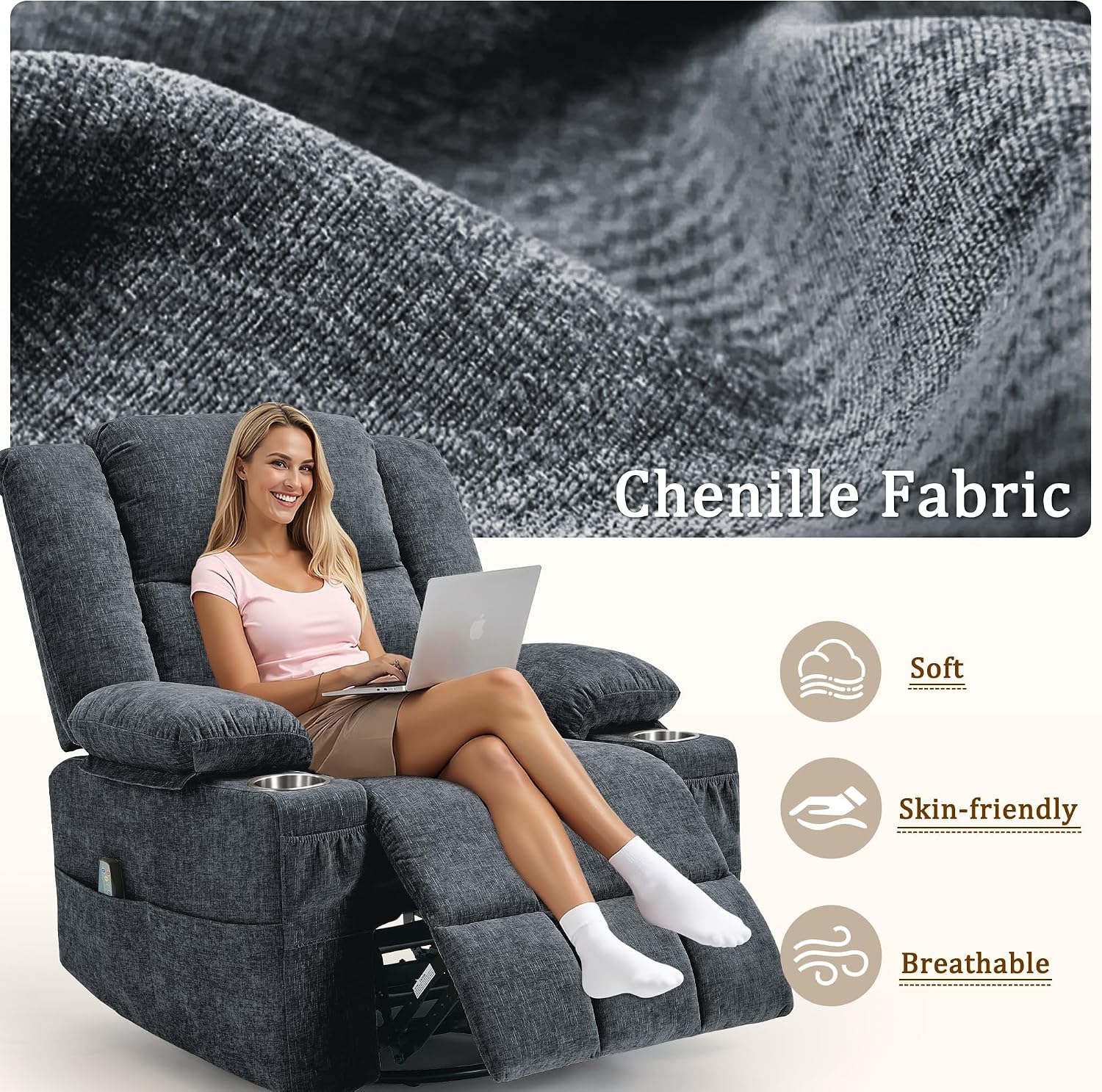 Adult 360° Swivel Glider Recliner—Nursery Glider Recliner with Massage and Heating Functions,