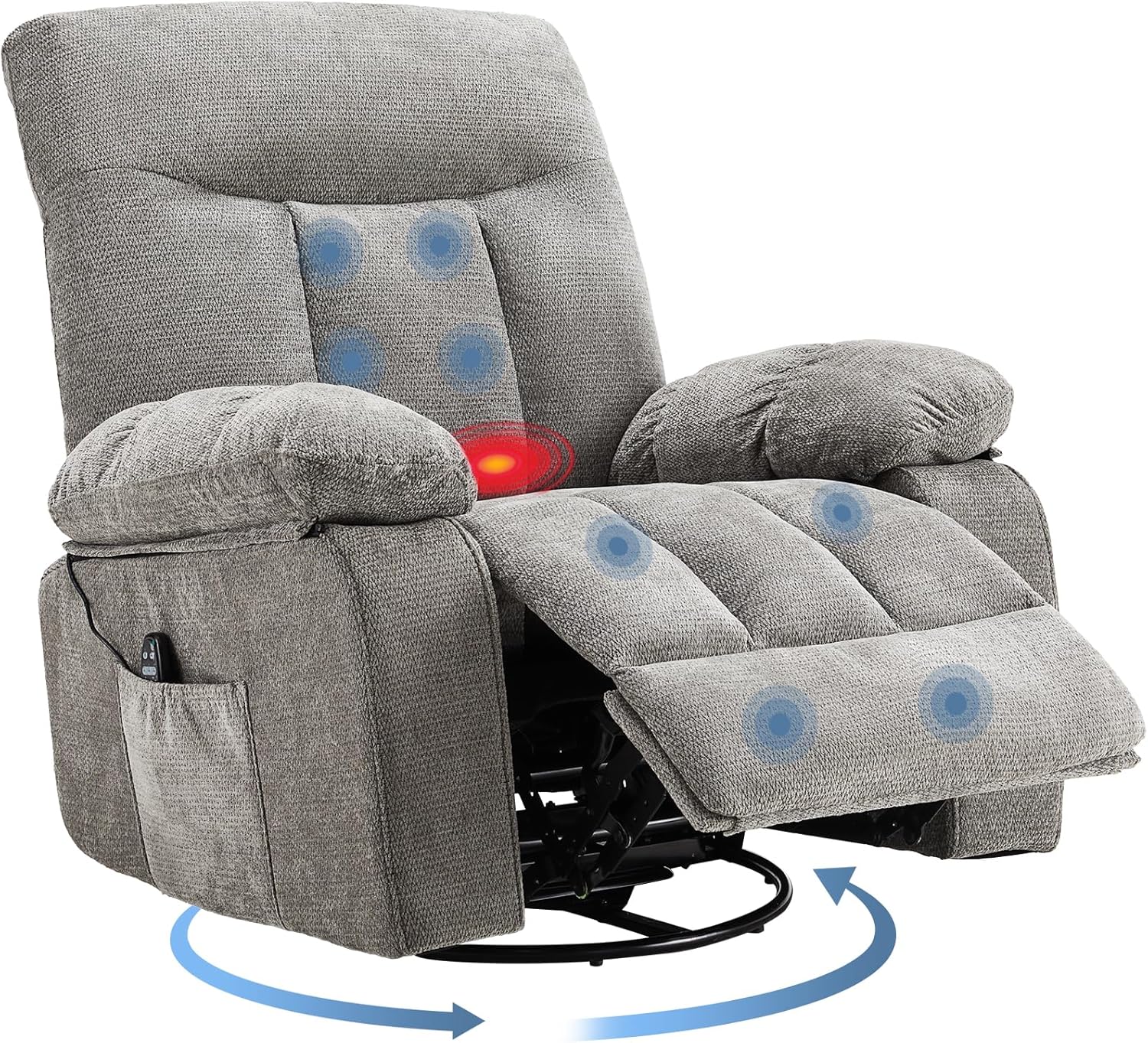 Rocking Recliner—A swivel recliner featuring vibration massage and lumbar heating.