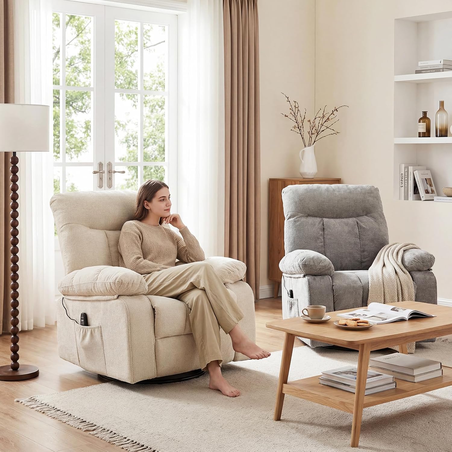 Rocking Recliner—A swivel recliner featuring vibration massage and lumbar heating.