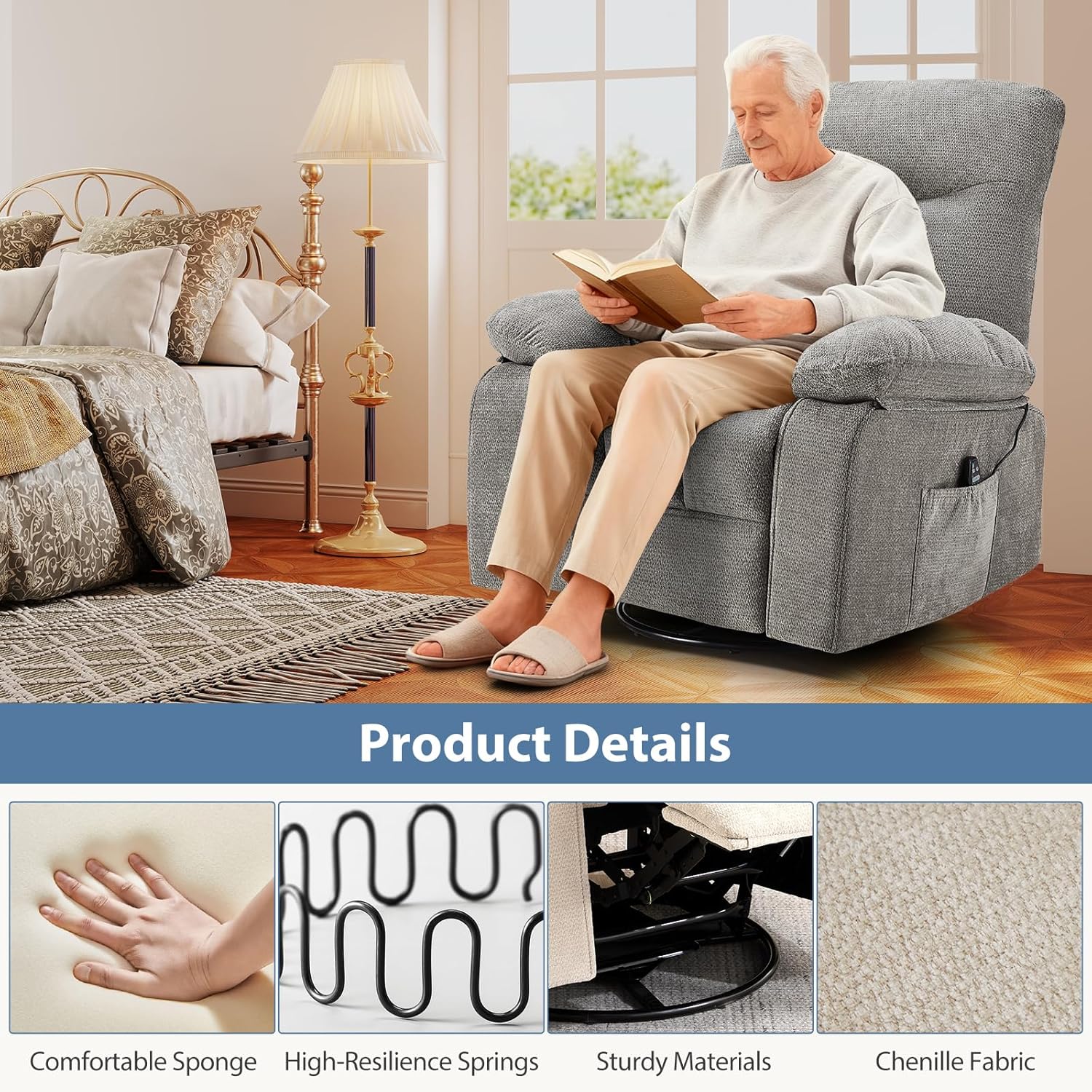 Rocking Recliner—A swivel recliner featuring vibration massage and lumbar heating.