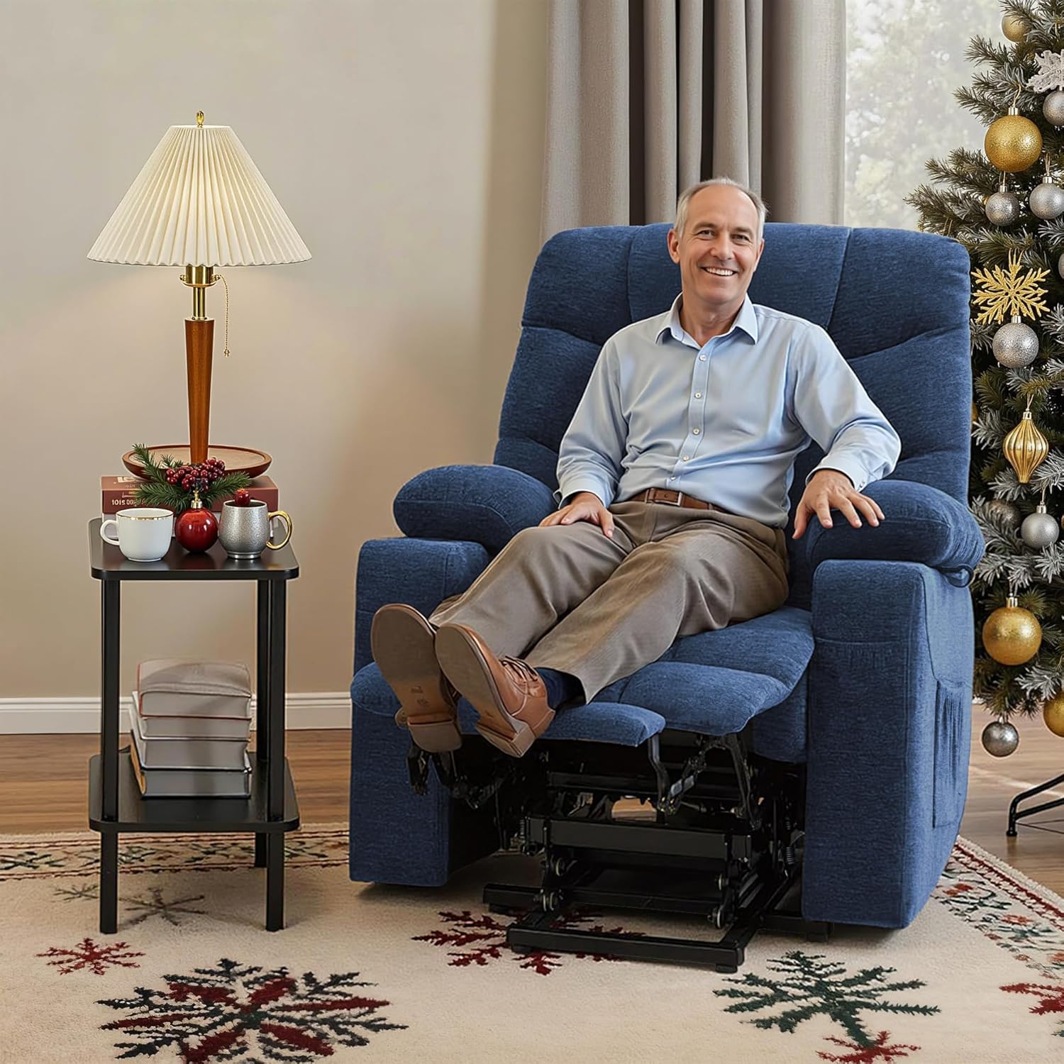 Electric Lift Recliner for Seniors (with Extended Footrest) — (Navy Blue, Large)
