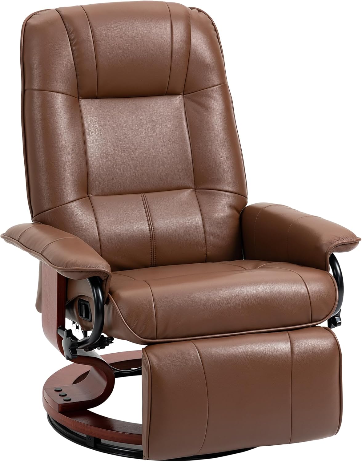 Swivel recliner. PU leather recliner featuring a retractable footrest.