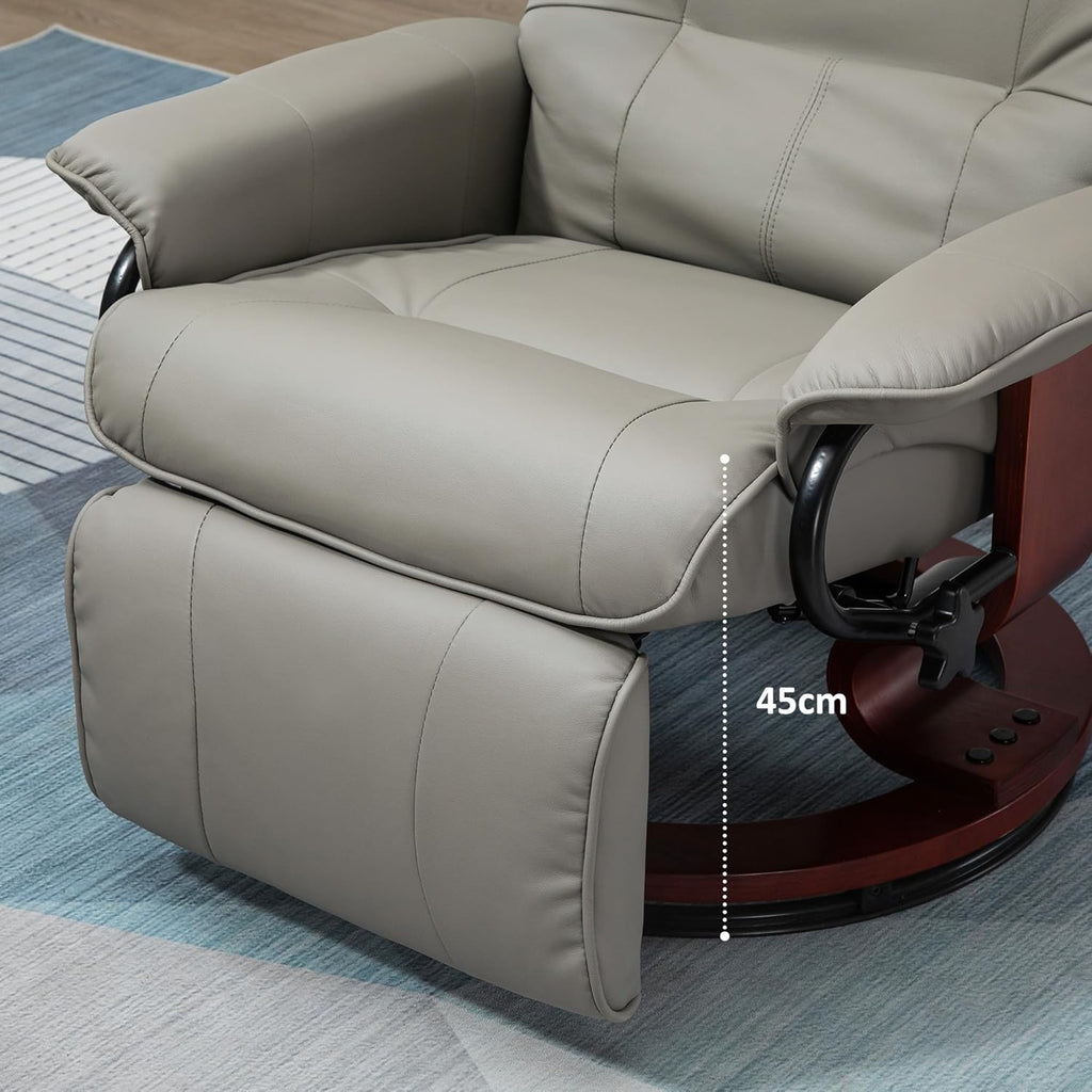Swivel recliner. PU leather recliner featuring a retractable footrest.