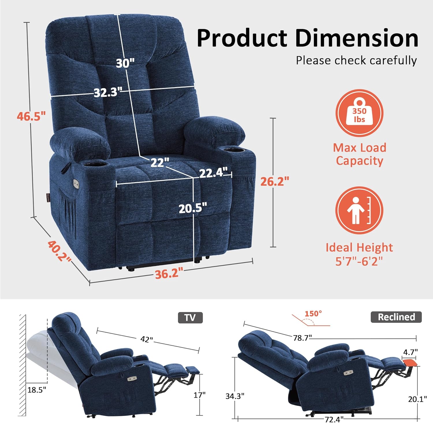 Electric Lift Recliner for Seniors (with Extended Footrest) — (Navy Blue, Large)