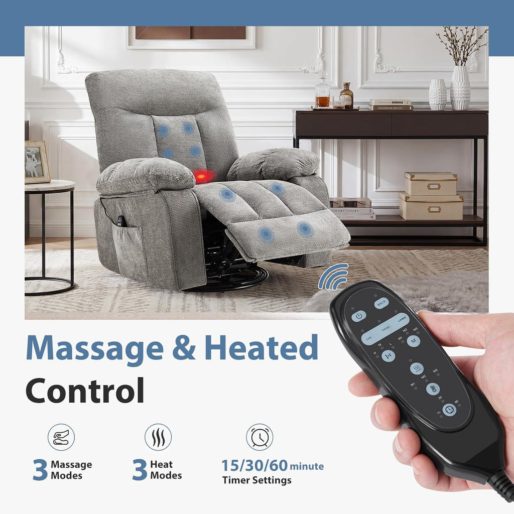 Rocking Recliner—A swivel recliner featuring vibration massage and lumbar heating.