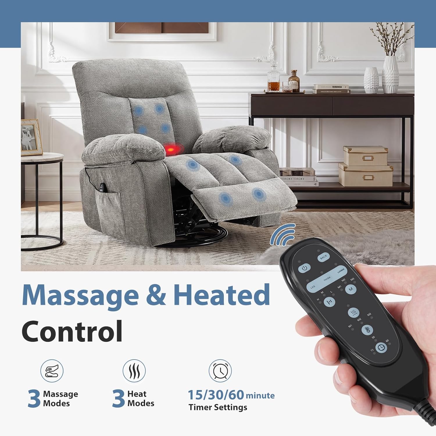 Rocking Recliner—A swivel recliner featuring vibration massage and lumbar heating.